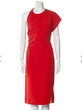 Roberto Cavalli Red One-Shoulder Midi Dress with Zip Accents